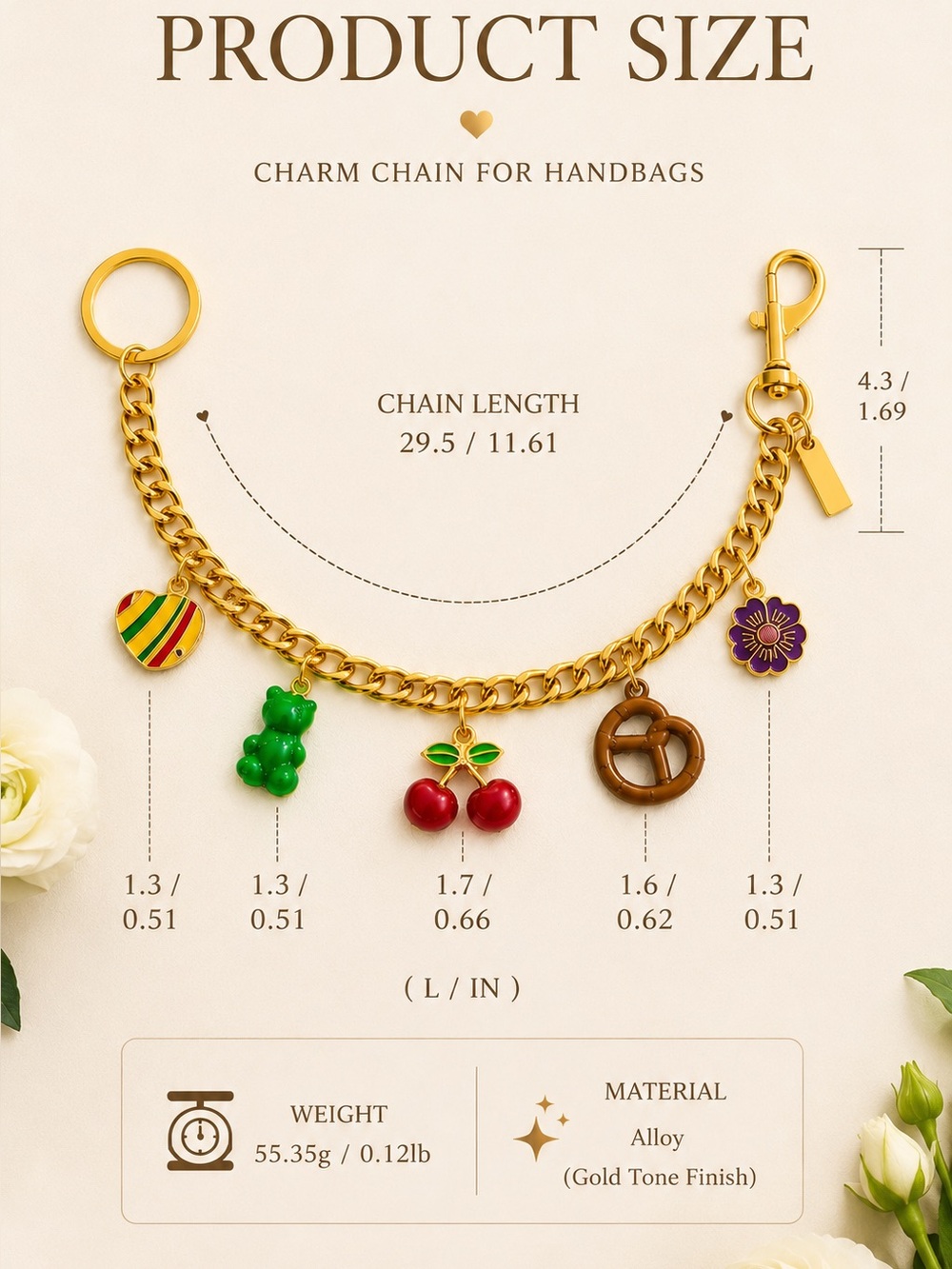 Iconic Motif Purse Chain | Tea Rose, Rexy, Cherries & Pretzel Handbag Charm - Picture 4 of 5